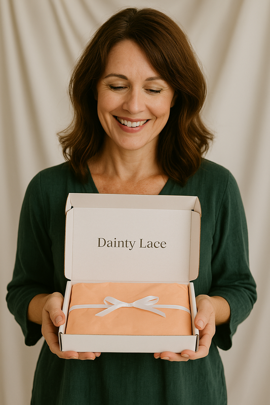 Woman holding a box that says dainty lace.