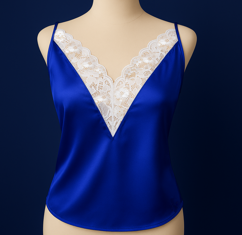 Blue satin camisole with white lace trim on a mannequin against a dark background