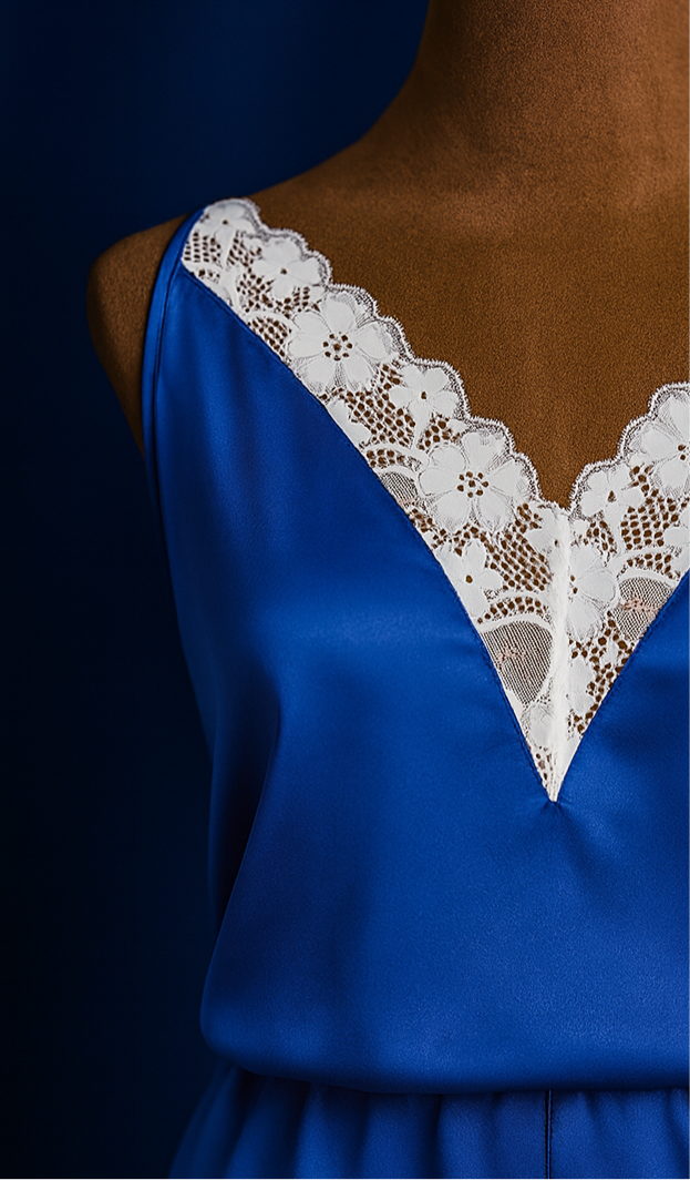 Blue satin set with white lace trim on a dark background