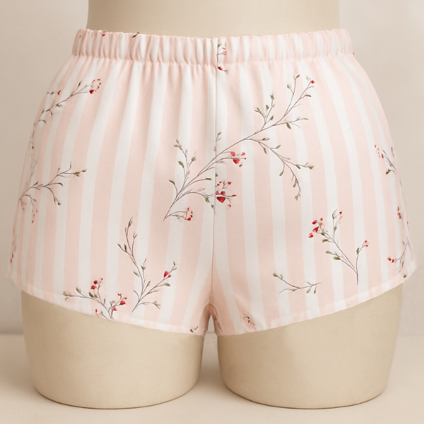 Floral-patterned shorts on a mannequin against a neutral background