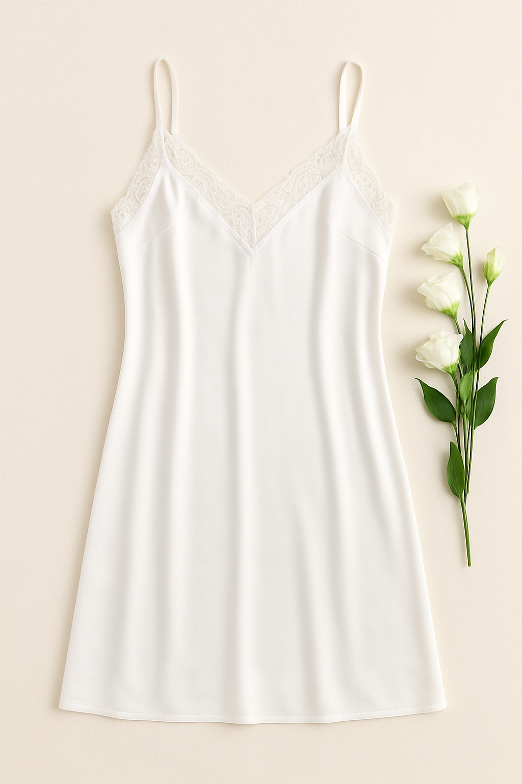 White slip dress on a beige background with white flowers