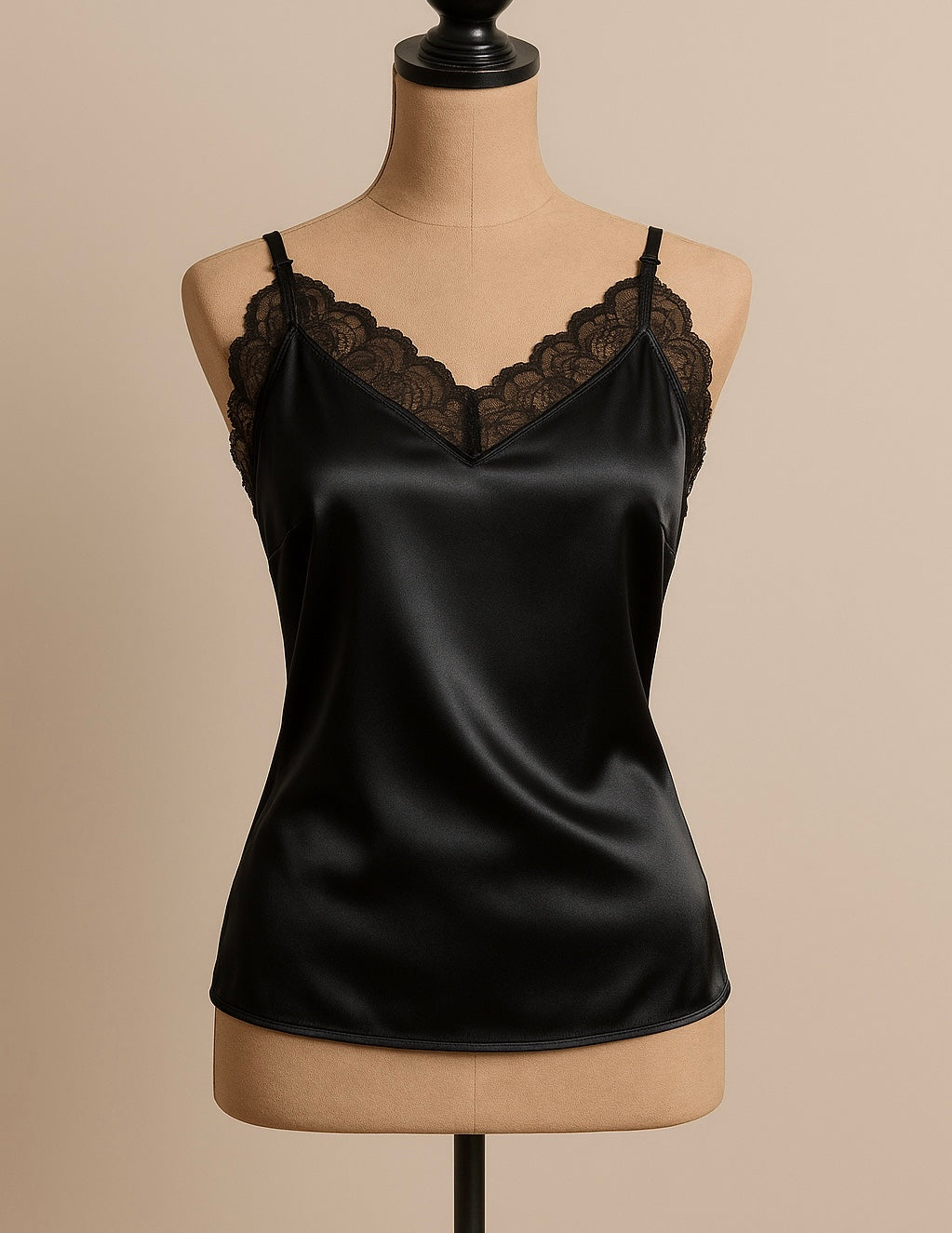 Black satin camisole with lace trim on a mannequin against a beige background
