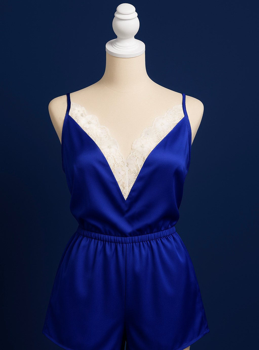 Blue satin set with lace detailing on a mannequin against a dark background
