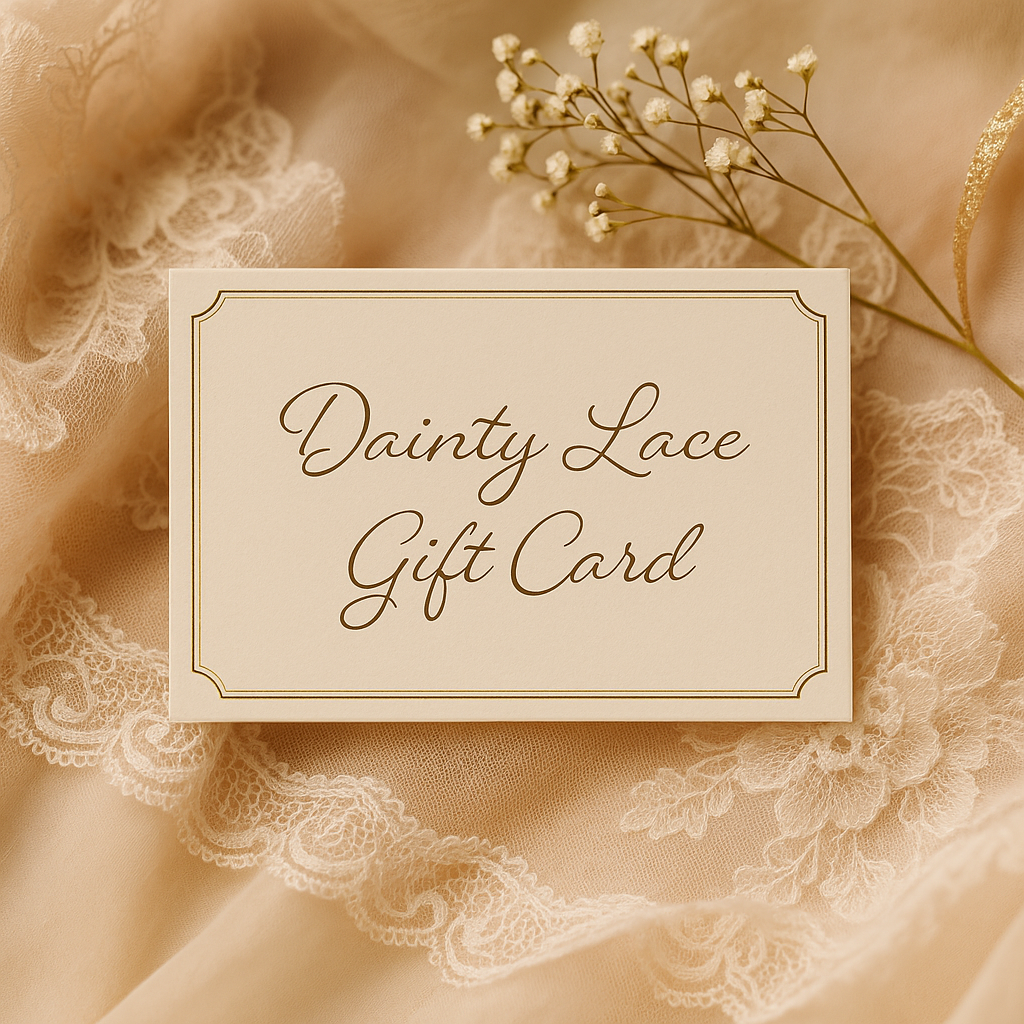 Gift card with 'Dainty Lace Gift Card' text on a lace and floral background