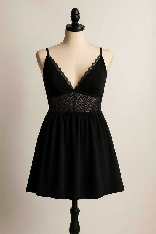Dainty Lace Model Free Modest Lingerie Black babydoll dress with lace details on a mannequin against a beige background