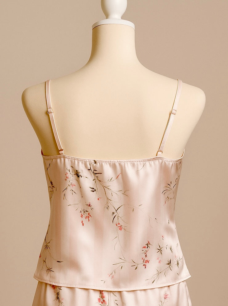 Dainty Lace Modest Lingerie Silk satin nightgown with floral pattern on a mannequin against a beige background