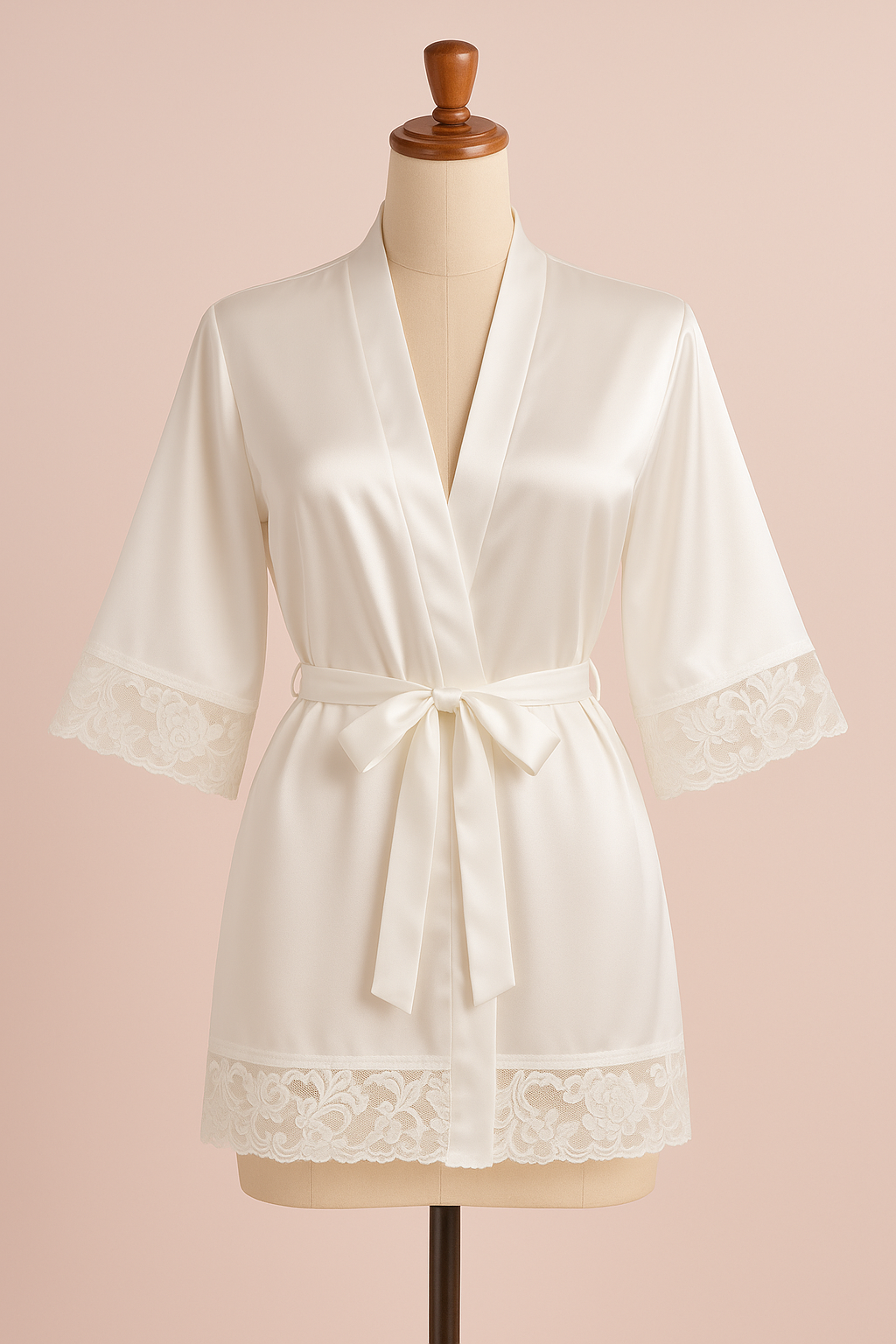 White satin robe with lace trim on a mannequin against a pink background