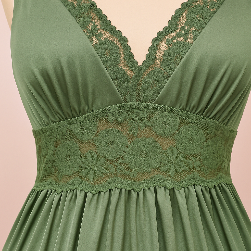 Green lace dress on a beige background
