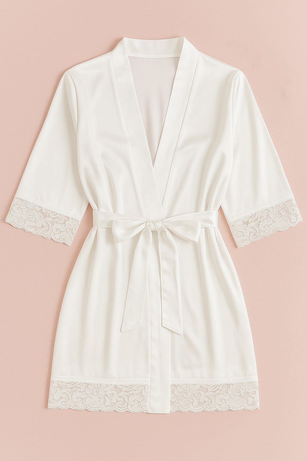 White robe with lace trim on a pink background Dainty Lace Modest Lingerie