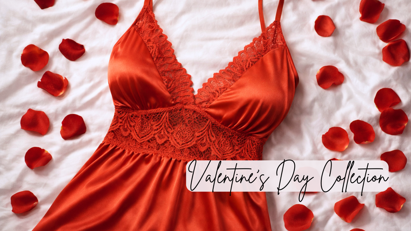 Red lace nightgown on a white background with red rose petals, labeled 'Valentine's Day Collection'.