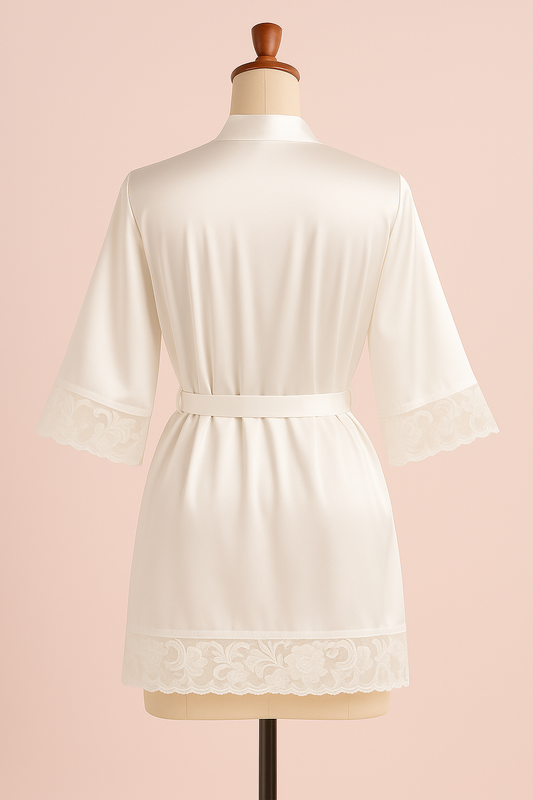 White lace-trimmed robe on a mannequin against a pink background