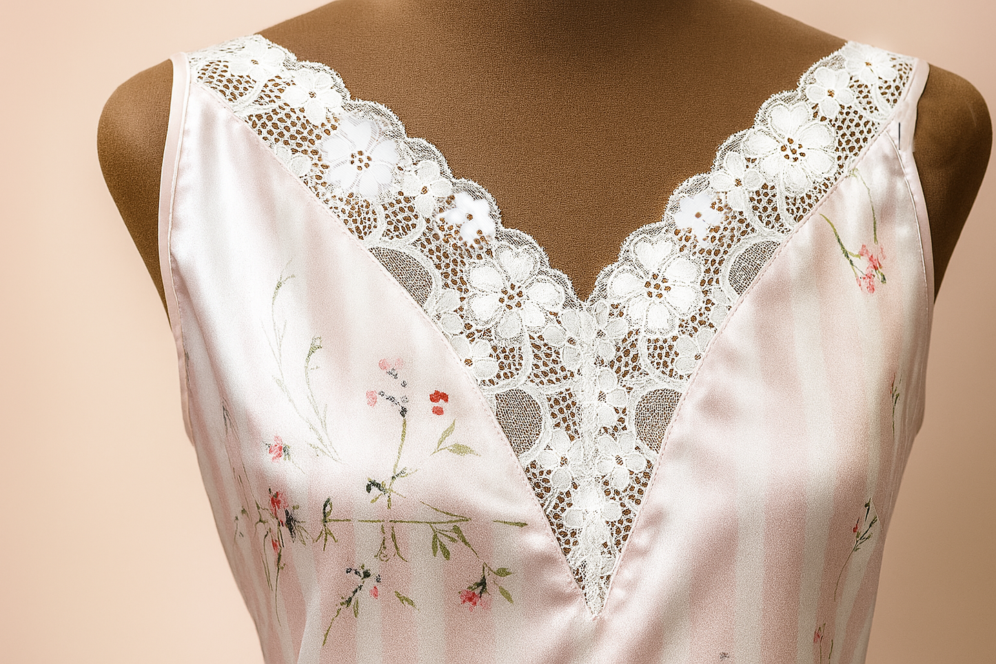 White lace-trimmed satin nightgown on a mannequin against a beige background