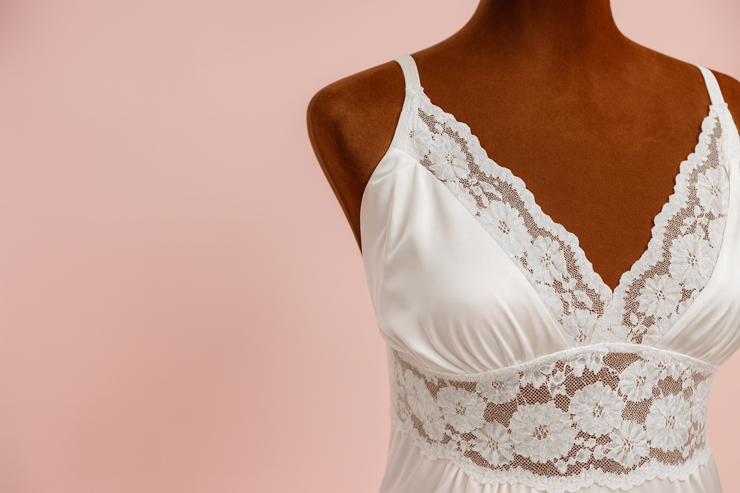 White lace nightgown on a mannequin against a pink background