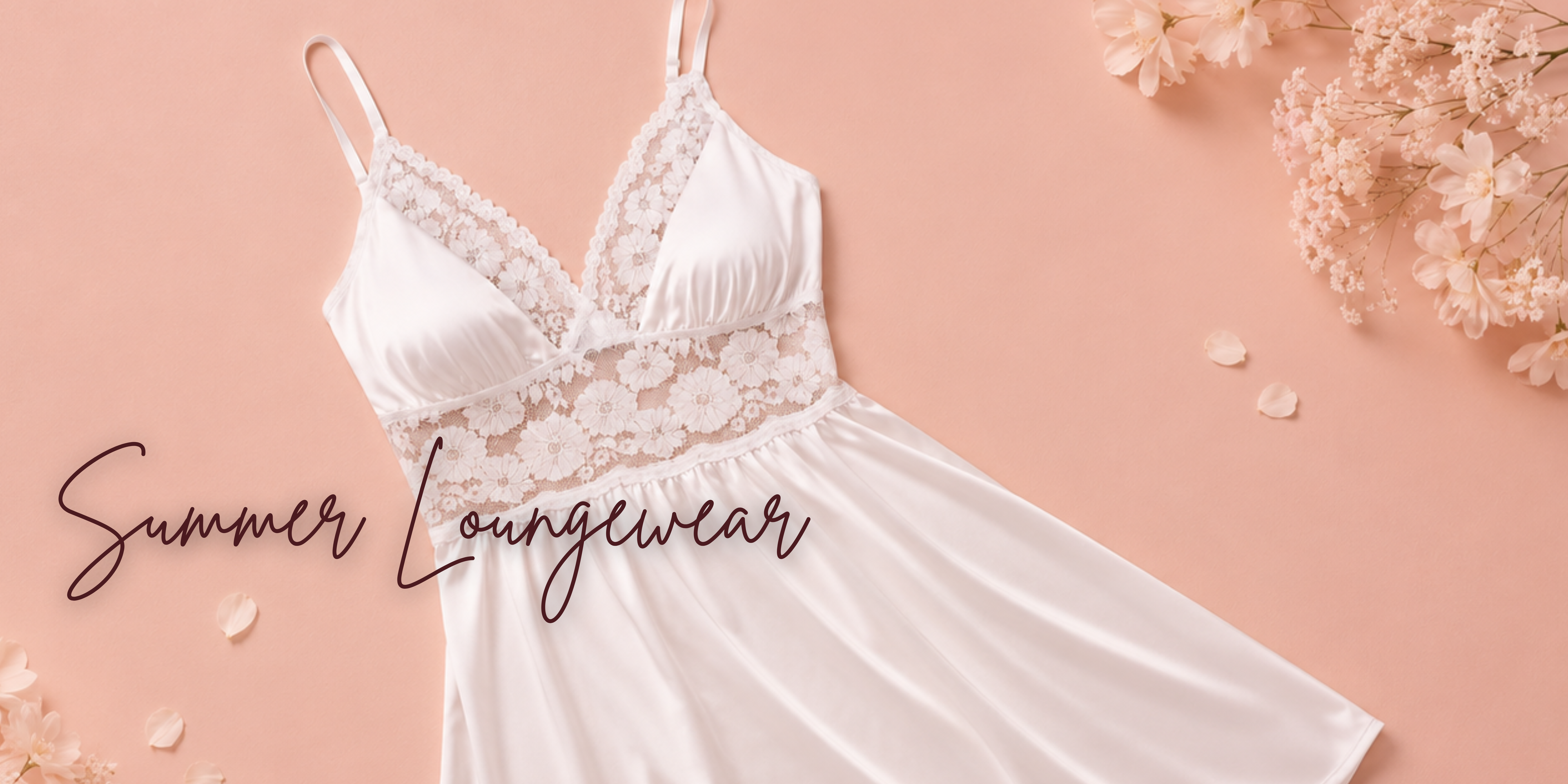 White lace nightgown on a pink background with 'Summer Loungewear' text