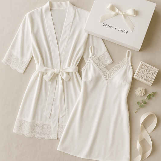 White lace robe and nightgown set with 'Dainty Lace' box on a beige background