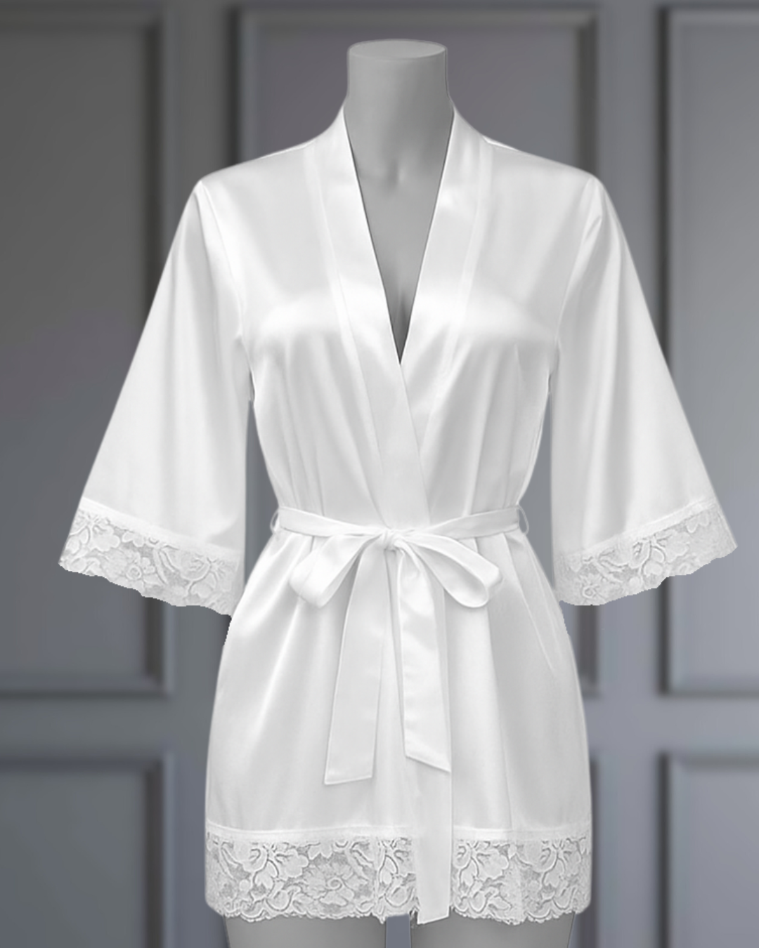 White satin robe with lace trim on a mannequin against a gray background