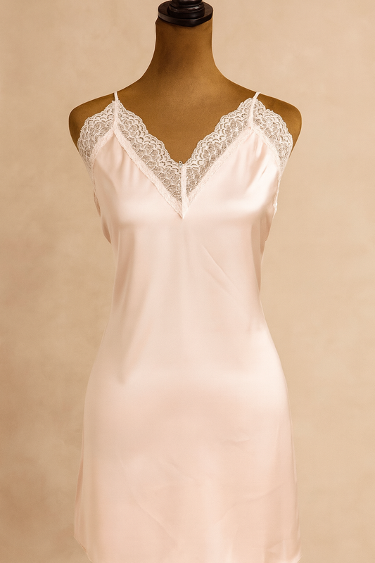 White satin slip with lace detailing on a beige background