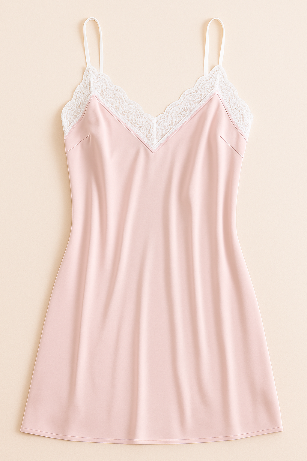 Pink slip dress with lace trim on a beige background