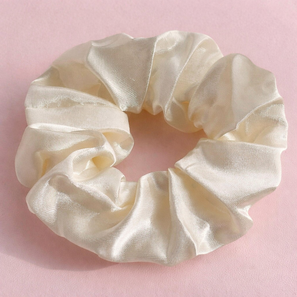 Cream-colored satin scrunchie on a pink background