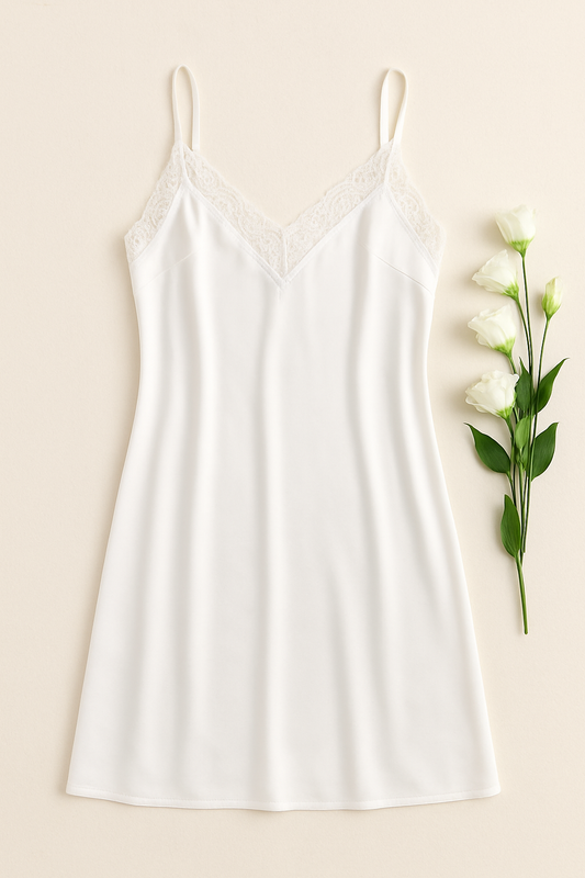White slip dress on a beige background with white flowers